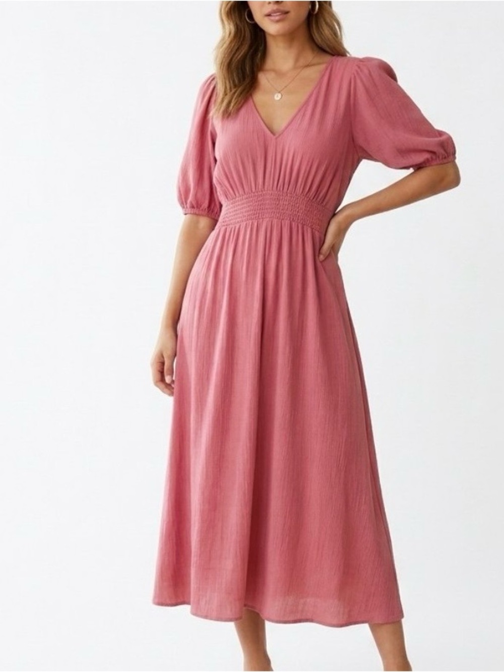 ZARA NWT Pink V-Neck Midi Dress Smocked Waist Puff Sleeve M 8208/020/645